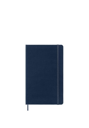 Closed navy blue notebook with elastic band closure and attached ribbon bookmark on white background.