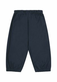 Navy broek met elastische taille, losse pasvorm, taps toelopende manchetten en een zachte textuur, ontworpen voor comfort en draaggemak.