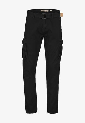 Black cargo pants made of cotton, featuring multiple side pockets, a belt with a metal buckle, and a straight-leg cut.