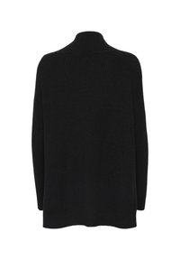 Schwarzer gerippter Strickpullover mit hohem Kragen, lockerer Passform, überschnittenen Schultern und geradem Saum. Weiche Textur ohne sichtbare Verschlüsse.