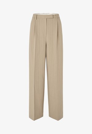 Beige széles lábú nadrág függőleges csíkozással. Texturált anyagból készült, pleated elülső résszel, övlyukakkal és testreszabott siluettel.