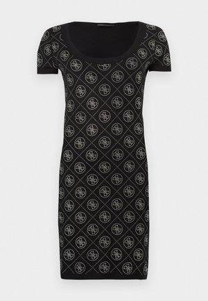 Black fitted dress with short sleeves and a scoop neckline, featuring a repeating geometric pattern in gold. Soft, stretchy fabric.