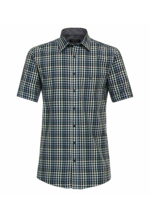 Chemise à manches courtes boutonnée avec un motif à carreaux bleu, noir et blanc et une poche poitrine avant.