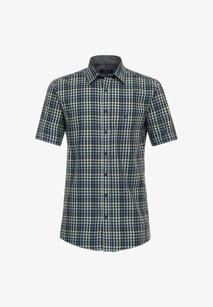Kurzarm-Knopfhemd mit blauem, schwarzem und weißem kariertem Muster und einer Brusttasche vorne.