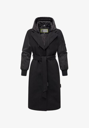 Cappotto nero con cappuccio, realizzato in una combinazione di lana e nylon. Presenta una vita cintata, polsini a coste e tasche con zip sulle maniche.