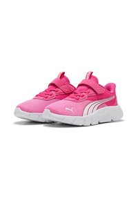 Pink athletic shoes with a mesh upper, featuring white accents, a padded collar, and a secure fit design. Lightweight and flexible sole.