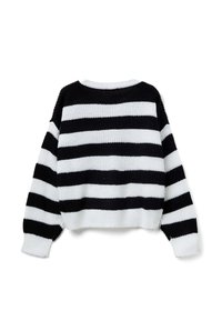 Maglione a righe bianche e nere, lavorato a maglia, con scollatura rotonda e maniche a spalla cadente, caratterizzato da una lunghezza corta e un tessuto texturizzato.