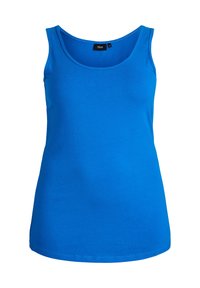 Plavi bezrukavnik, izrađen od glatkog pamučnog materijala, ima okrugli izrez i ravni rub. Prikazan je u veličini označenoj kao "L".