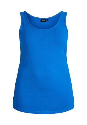 Modrý bezrukávový top vyrobený z hladké bavlny má kulatý výstřih a rovný spodní lem. Zobrazeno ve velikosti označené "L."