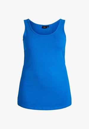 Niebieski bezrękawnik, wykonany z gładkiej bawełnianej tkaniny, ma okrągły dekolt i prosty doł. Pokazany w rozmiarze "L."