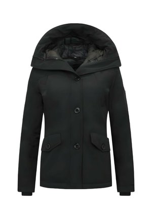 Zwarte capuchonjas met drie knopen aan de voorkant en twee klepzakken, van voren getoond op een witte achtergrond.