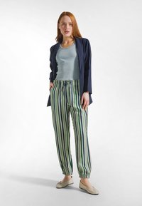 Blå linnetekjacka över en ljusblå linne, tillsammans med gröna och vita randiga byxor med dragsko. Beigea platta skor kompletterar outfiten.