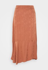 Saia de comprimento médio na cor ferrugem, com um tecido suave e texturado, apresentando um padrão sutil. A bainha evasé confere movimento e forma.