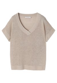Béžový pletený svetr s výstřihem do V a krátkými rukávy. Žebrovaný lem u výstřihu a spodního okraje. Měkká textura s volným střihem.