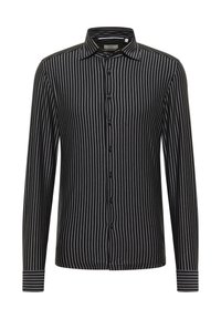Stripet langærmet skjorte i sort og grå stof. Har en button-down krave, frontknapper og stribemønster overalt.
