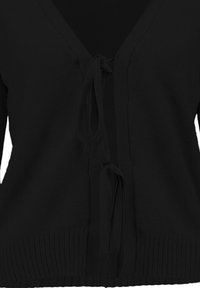 Schwarzer Cardigan mit V-Ausschnitt, ausgestattet mit einer gebundenen Verschlussmöglichkeit und geripptem Muster am Saum und an den Bündchen. Weicher, leichter Stoff.