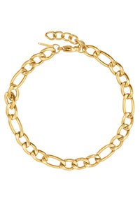 Bracciale in metallo dorato con anelli ovali e finitura lucida, dotato di chiusura a moschettone sicura.