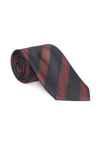 Cravat în dungi, de culoare bleumarin, burgundy și gri. Material texturat cu model herringbone. Design rulat care arată capătul îngust și vârful mai lat.