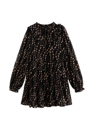Zwarte bloemenjurk van lichtgewicht stof, met lange mouwen, een gerimpelde kraag en een gelaagde rok met kleine rozenpatronen.