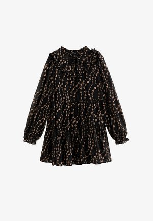 Zwarte bloemenjurk van lichtgewicht stof, met lange mouwen, een gerimpelde kraag en een gelaagde rok met kleine rozenpatronen.