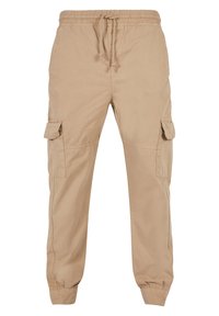 Beige Cargo-Hosen aus weichem Stoff, mit einem elastischen Bund mit Kordelzug, Seitentaschen und verengten Bündchen.
