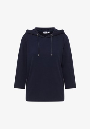 Sudadera con capucha azul marino, de manga tres cuartos, textura acanalada, cierre con cordón y forro interior en contraste. Etiqueta de la marca visible.