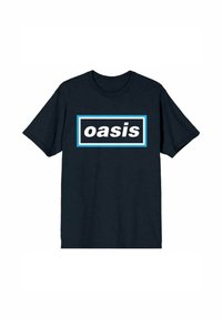 Navy blue cotton t-shirt with short sleeves featuring a rectangular white "oasis" graphic outlined in light blue.