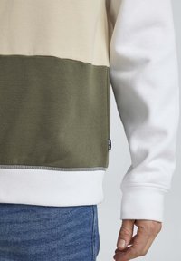 Sudadera con paneles horizontales en beige, verde oliva y blanco, con puños acanalados y una etiqueta en el dobladillo. Tejido suave y texturizado.