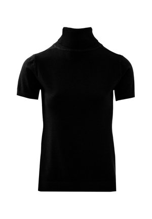 Zwarte korte mouwen coltrui gemaakt van een soepele brei-stof. Heeft een aansluitende silhouet met een geribbelde kraag en zoom. Minimalistisch ontwerp.