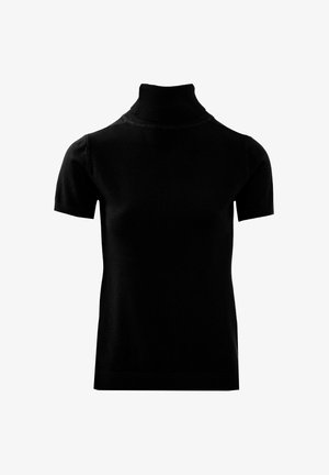 Haut noir à manches courtes et col roulé fabriqué en tissu tricoté lisse. Présente une silhouette ajustée avec un col et un ourlet côtelés. Design minimaliste.