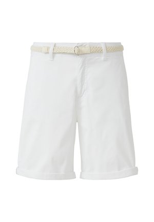 Shorts en coton blanc avec revers et une ceinture en crème tressée texturée, dotés d'un devant plat et de poches latérales.