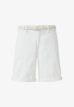 Weißer Baumwollshorts mit umgeschlagenen Säumen und einem strukturierten cremefarbenen geflochtenen Gürtel, mit flachem Frontdesign und seitlichen Taschen.