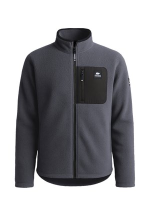 Grijze fleecjacket met een hoge kraag, voorrits en een zwarte borstzak. Heeft een textuurstof en een verstelbare zoom.