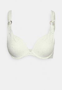 sutiã branco acolchoado com padrão floral bordado, alças trançadas e detalhes em dourado. Textura suave e forma contornada.