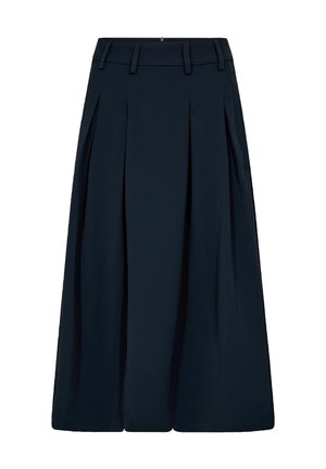 Fustă midi albastru navy cu pliuri, buzunare pentru curea și închidere cu fermoar ascuns la spate.