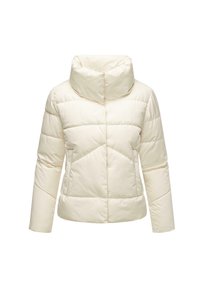 Doudoune off-white, présentant un col haut, un motif géométrique en surpiqûres et des accents de boutons pression. Texture lisse et rembourrée.