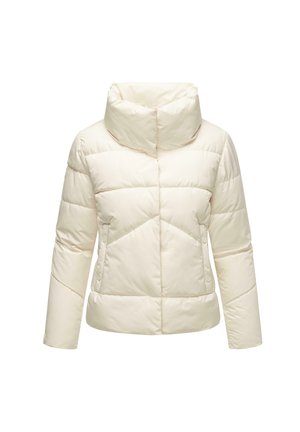 Chaqueta acolchada en color blanco roto, con un cuello alto, patrón geométrico de costuras y detalles con botones a presión. Textura suave y acolchada.