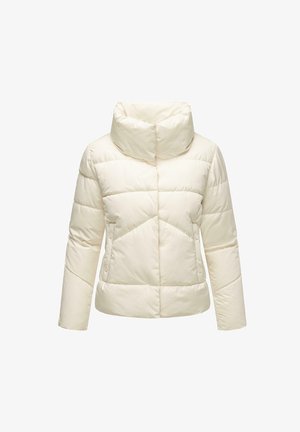Kurtka puchowa w kolorze kremowym, z wysokim kołnierzem, geometrycznym wzorem przeszycia i zapięciami na napy. Gładka, pikowana tekstura.