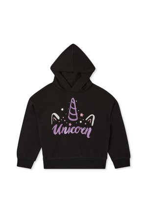 Felpa nera con design di unicorno, caratterizzata da un corno lucido, orecchie e stelle. Testo "Unicorn" in glitter viola e rosa. Materiale morbido.