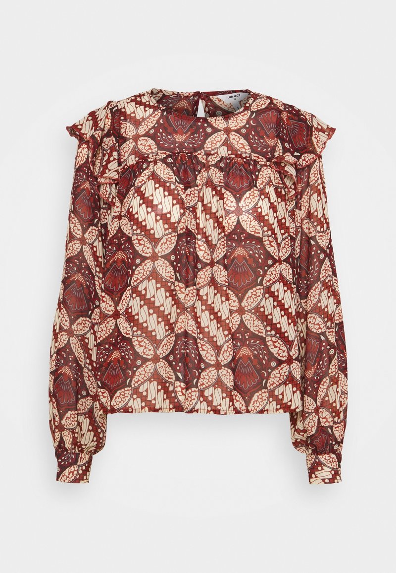 Blouse à manches longues avec un motif floral géométrique marron et crème, empiècement froncé, poignets à boutons et fermeture dos avec fente clé.