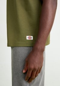 Alyvuogių žaliame medvilnės marškinėlių su trumpomis rankovėmis, šoniniu siūlu ir prekinio ženklo etiketė "Dickies" apatinėje kraštinėje. Matomos pilkos džinsinės kelnės.