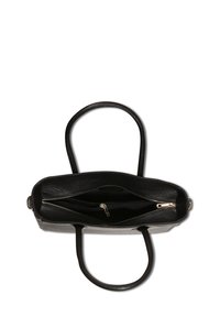 Zwarte leren handtas met dubbele bovenhandvatten, textuur oppervlak, ritscompartimenten en accenten van goudkleurig hardware. Binnenin zijn er vakken.