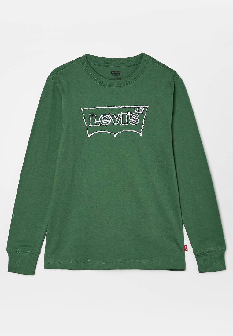 T-shirt verde a maniche lunghe in cotone. Presenta un logo Levi's bianco ricamato sul petto. Semplice scollo a giro e polsini.