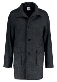 Abrigo de lana gris oscuro con un patrón de espiga, que presenta un cuello, cuatro botones y dos bolsillos frontales. Diseño clásico ajustado.