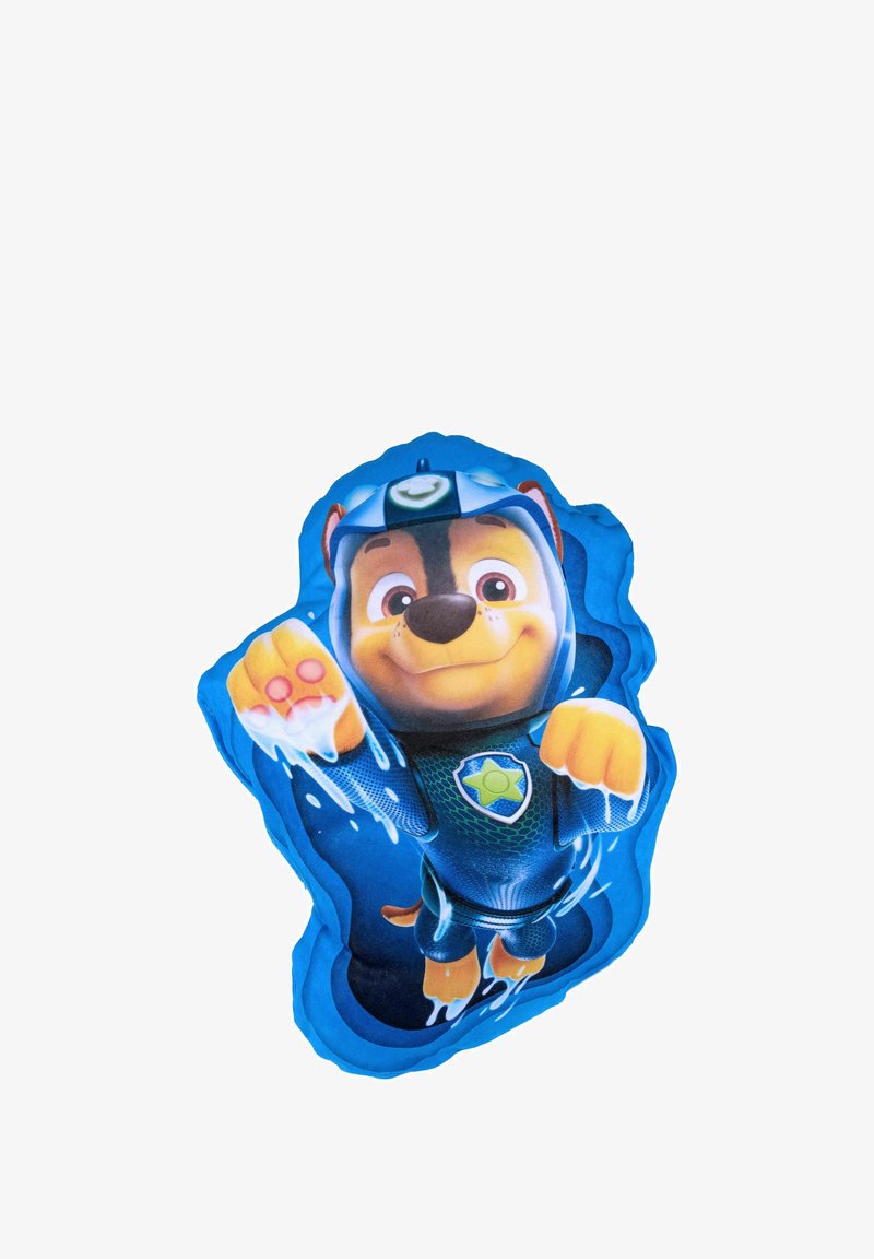 Blue plush pillow shaped like a cartoon dog in a blue uniform, with detailed facial expression and water splashes depicted.