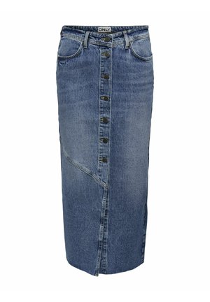 Blå denim lange nederdel med en tætsiddende talje, frontknaplukning og skrå sidesøm detaljer. Har to sidelommer.