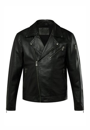 Black leather motorcycle jacket with a notched collar, asymmetrical zippers, and two side pockets. Features a textured finish and tailored fit.
