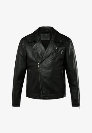 Sort lædermotorcykeljakke med en slå-krave, asymmetrisk lynlås og to sidelommer. Har en struktureret overflade og skræddersyet pasform.