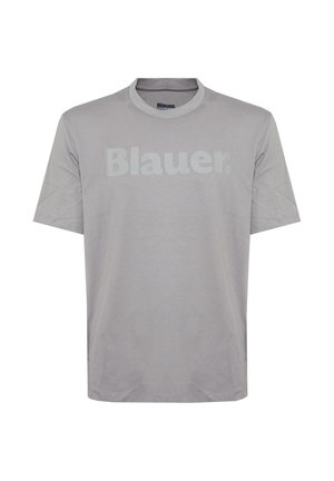 Maglietta grigio chiaro a maniche corte con scollo rotondo e logo "Blauer" in rilievo stampato sul petto.