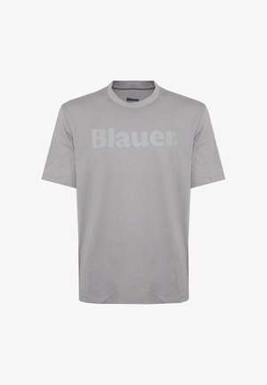 Lichtgrijs T-shirt met korte mouwen, ronde hals en een verdiept "Blauer"-logo dat op de borst gedrukt is.